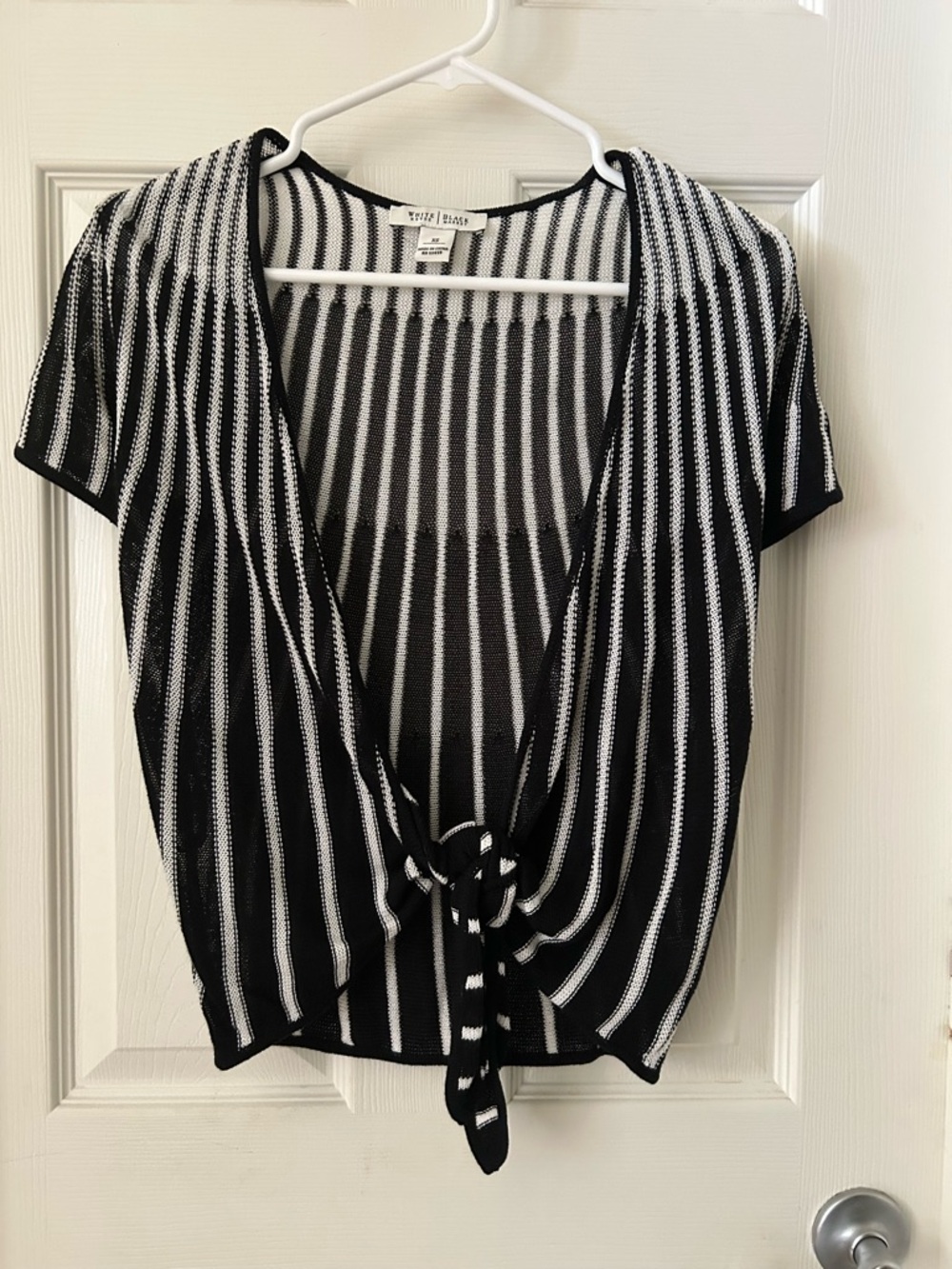 White House Black Market Black & White Vertical Stripe Tie-Front Crop Top